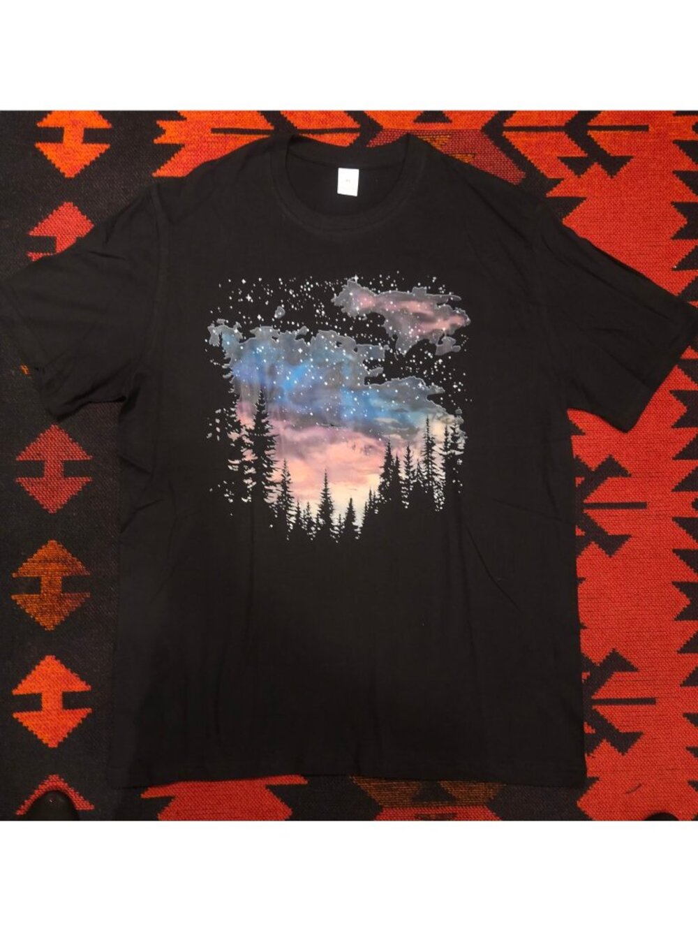 Night Sky Forest Graphic T-Shirt XL Black 100% Cotton Short Sleeve Casual Unisex